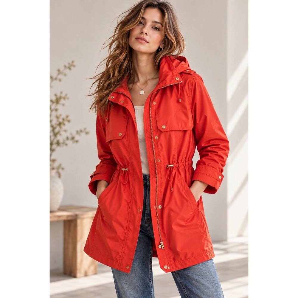 Jones New York Women's Rain Jacket Parka In A Pocket Windbreaker Coat Size M RED